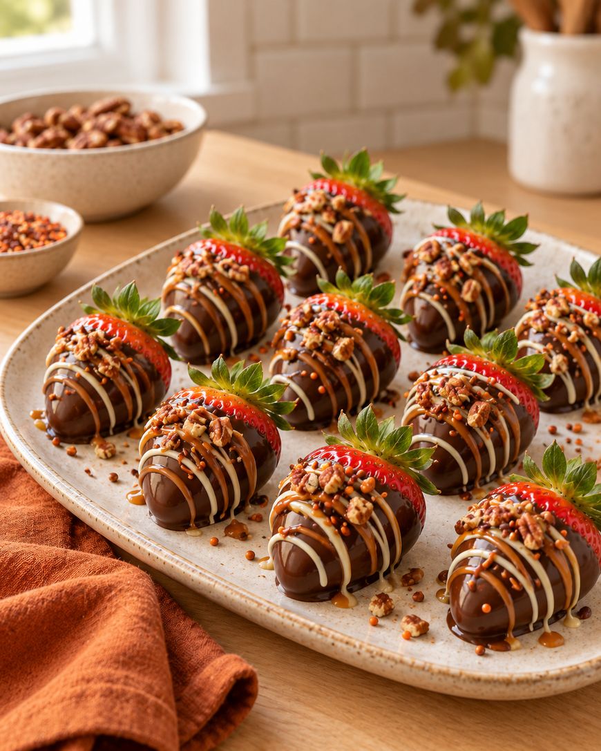 A plate of strawberries dipped in chocolate, drizzled with white chocolate, and topped with chopped nuts. Bowls of nuts and a rust-colored napkin are nearby on a wooden table.