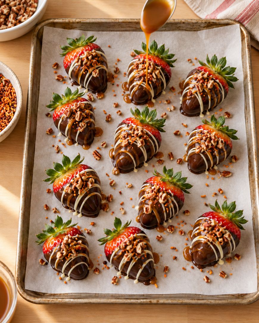 A tray of chocolate-dipped strawberries drizzled with white chocolate and sprinkled with chopped nuts, with caramel sauce being poured over them.