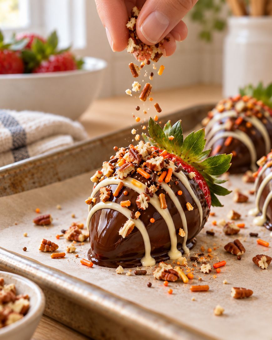 A hand sprinkles chopped nuts and sprinkles over a large chocolate-covered strawberry on a baking tray lined with parchment paper. Other prepared strawberries and a bowl of toppings are visible in the background.