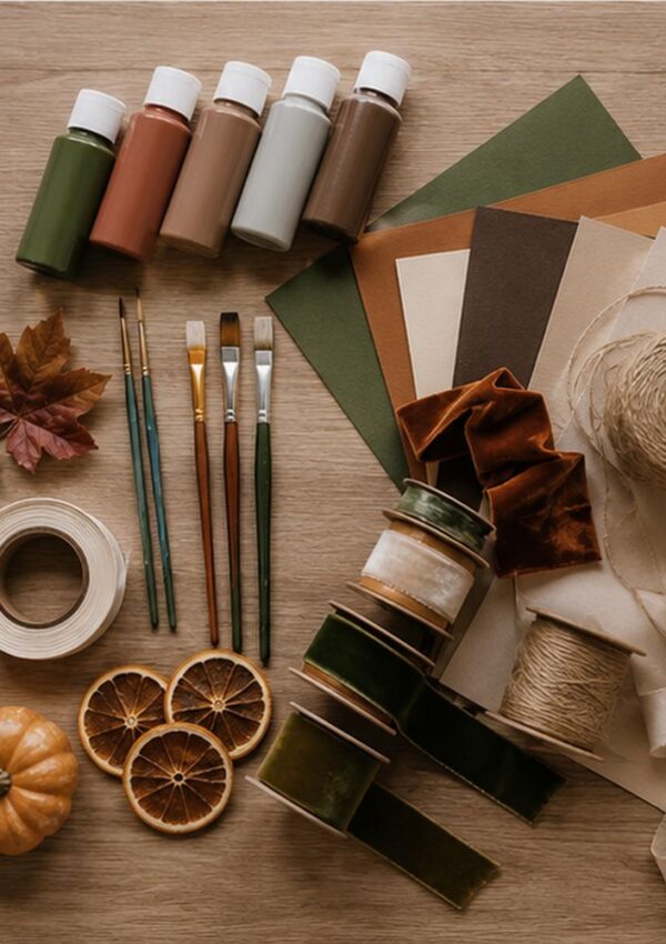 Art supplies on a wooden table: paint bottles, paintbrushes, colored paper, twine rolls, velvet ribbons, dried orange slices, artificial fall leaves, and a small pumpkin, all in earthy, autumn tones.