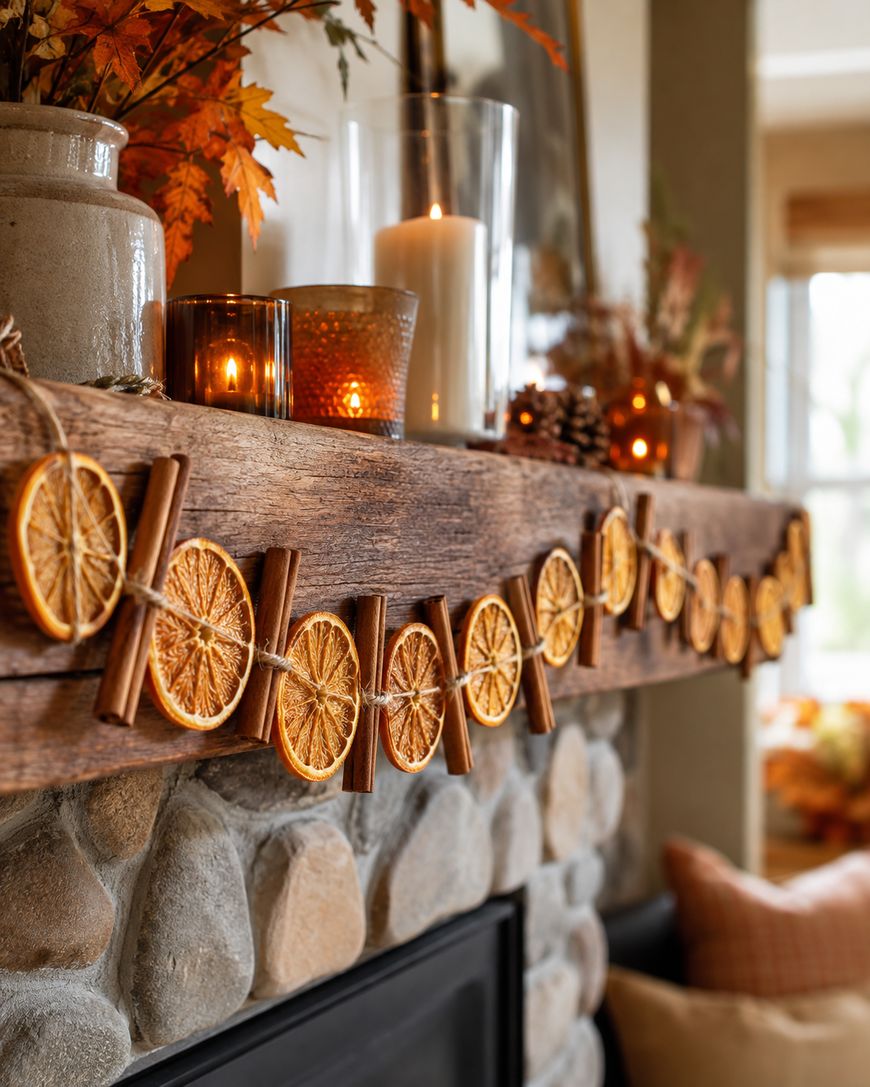 Dried orange and cinnamon garland draped along a mantel with candles