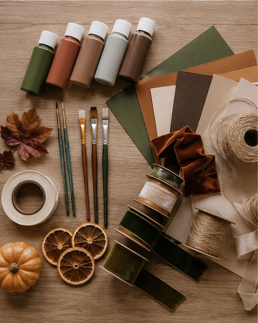 Flatlay of craft supplies including paint, ribbon, and cardstock