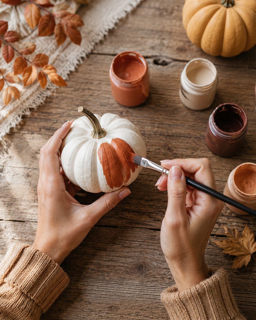 Hand painting a white pumpkin with acrylic paint