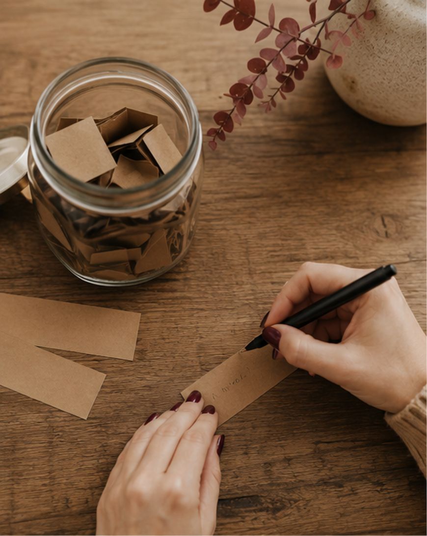 Writing a gratitude note on a kraft paper strip
