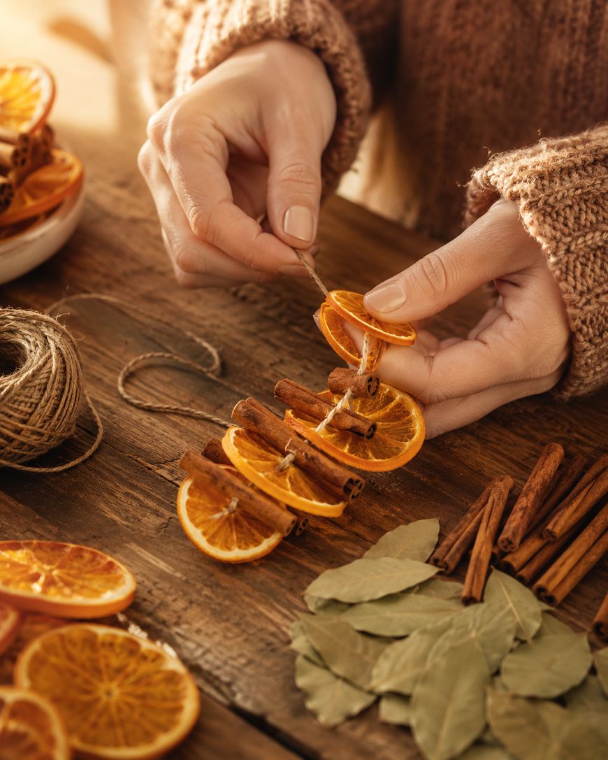 Threading dried orange slices and cinnamon sticks onto twine