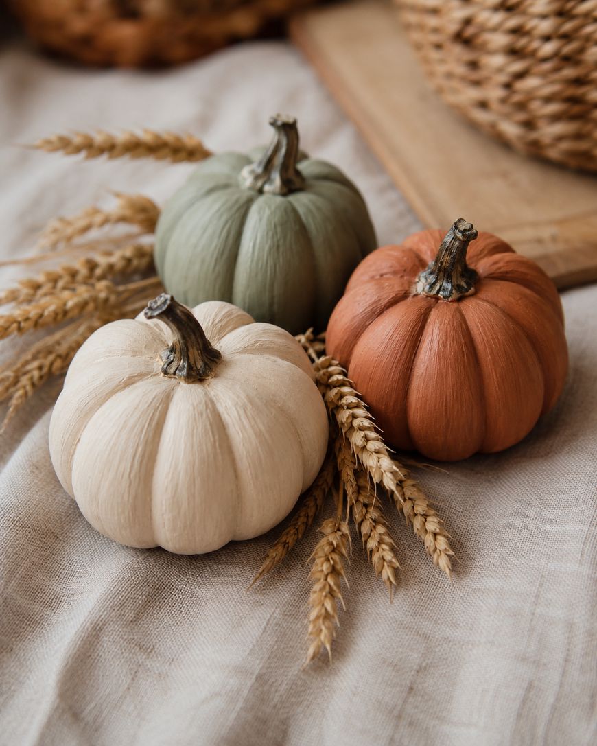 Painted pumpkins clustered with wheat stems as a centerpiece