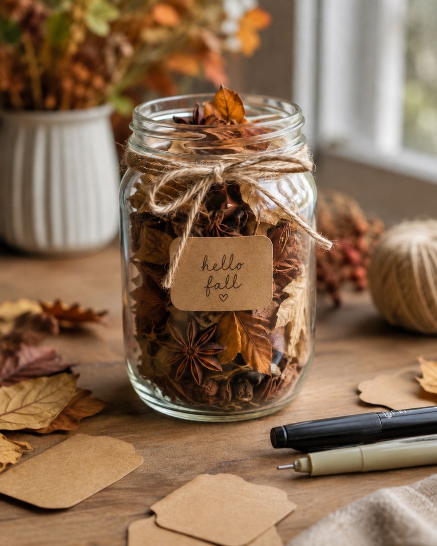 Glass jar decorated with dried leaves and a hello fall tag