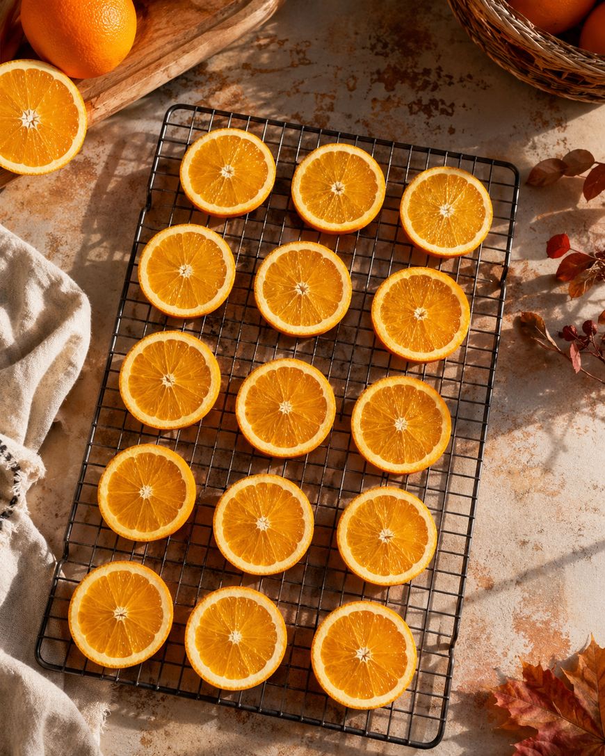 Dried orange slices cooling on a wire rack