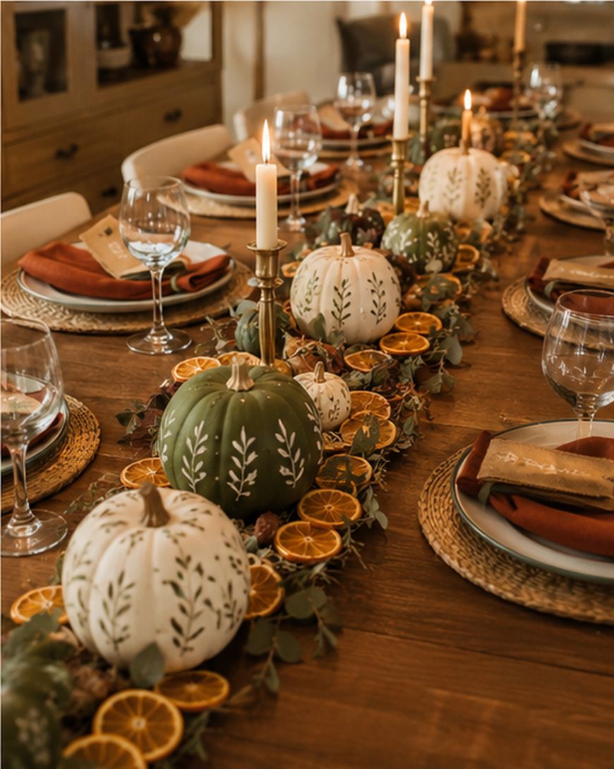 Thanksgiving table set with painted pumpkins and a dried orange garland