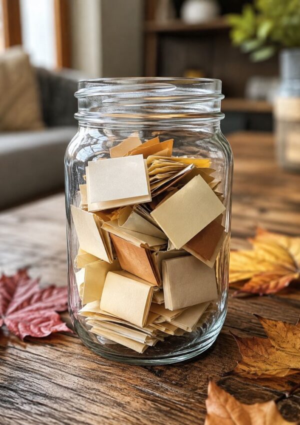 A glass jar filled with folded paper slips sits on a wooden table, surrounded by autumn leaves. The background shows a cozy, softly lit room with blurred furniture and greenery.