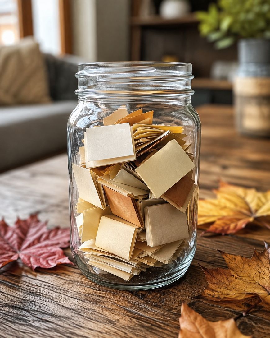 A glass jar filled with folded paper squares sits on a wooden table, surrounded by artificial autumn leaves. Cozy indoor setting with blurred furniture and greenery in the background.