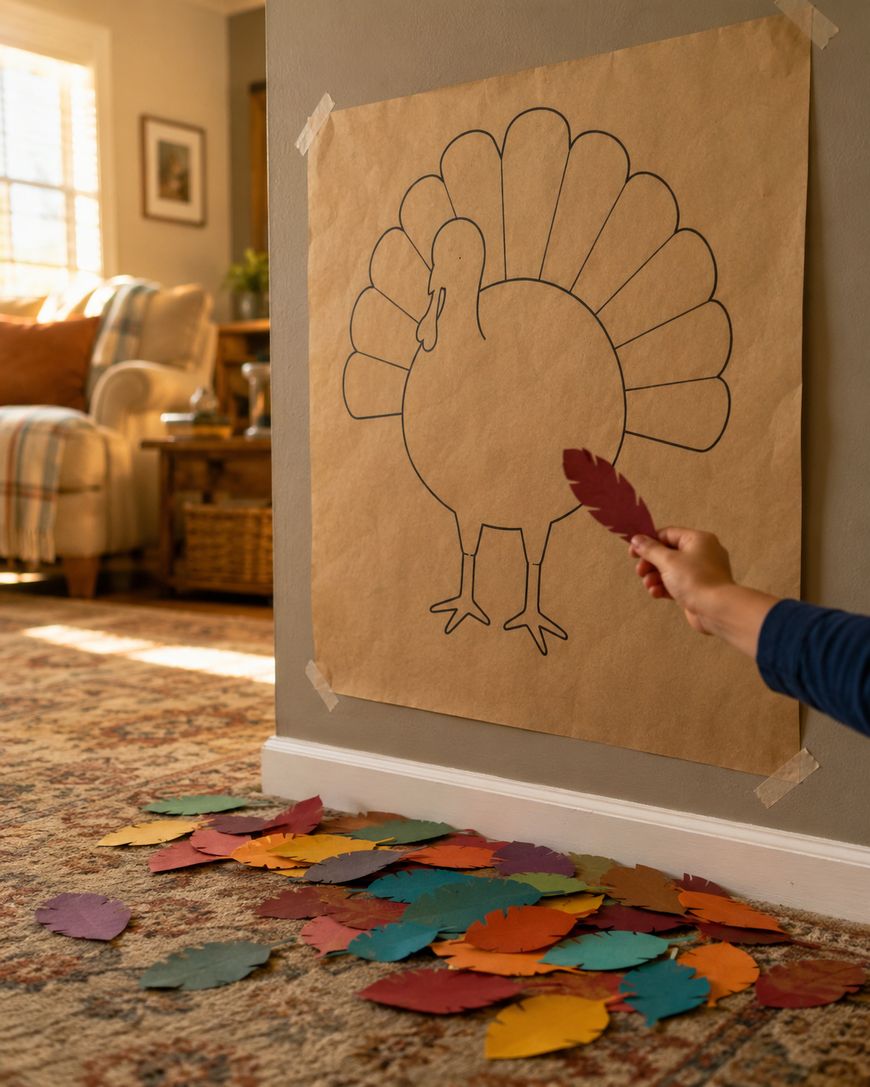 A hand holds a paper feather near a large turkey outline taped to a wall. Colorful paper feathers are scattered on the carpet in a cozy living room.