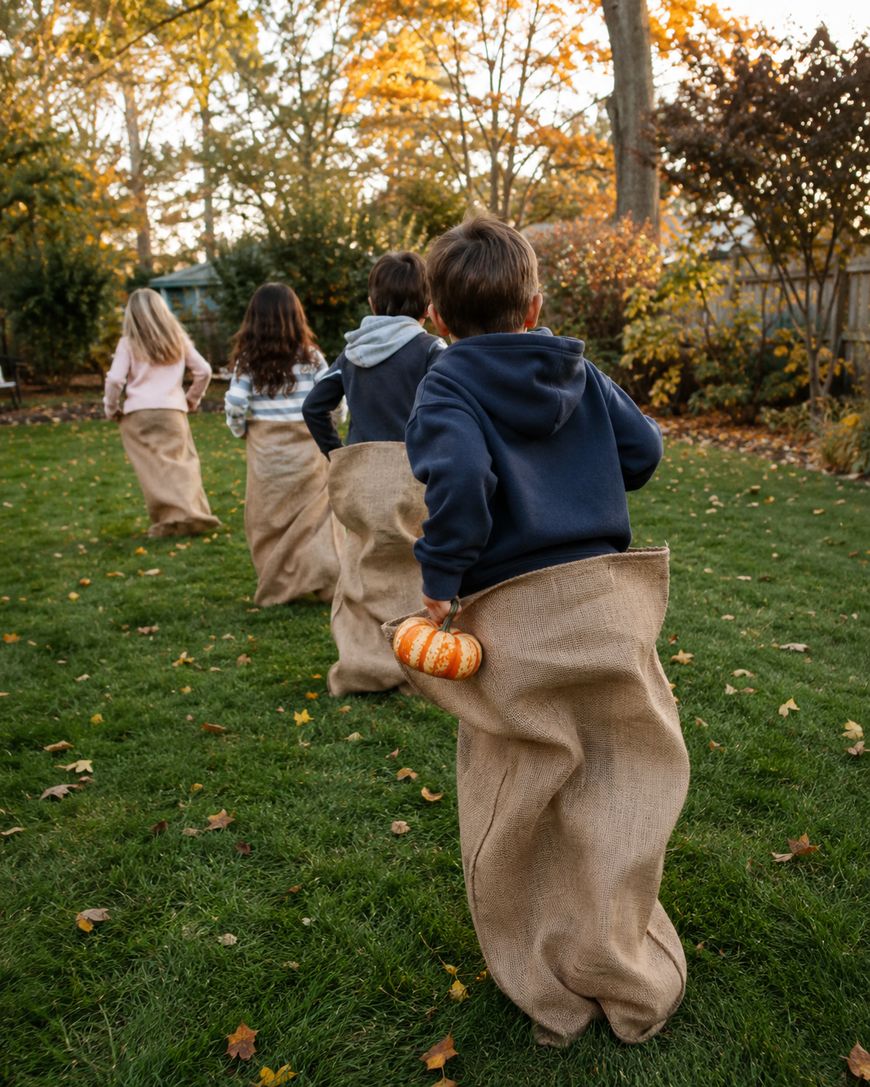 Four children in burlap sacks participate in a sack race on a grassy lawn, with autumn leaves on the ground. One child in front holds a small pumpkin while hopping. Trees with colorful fall foliage are in the background.
