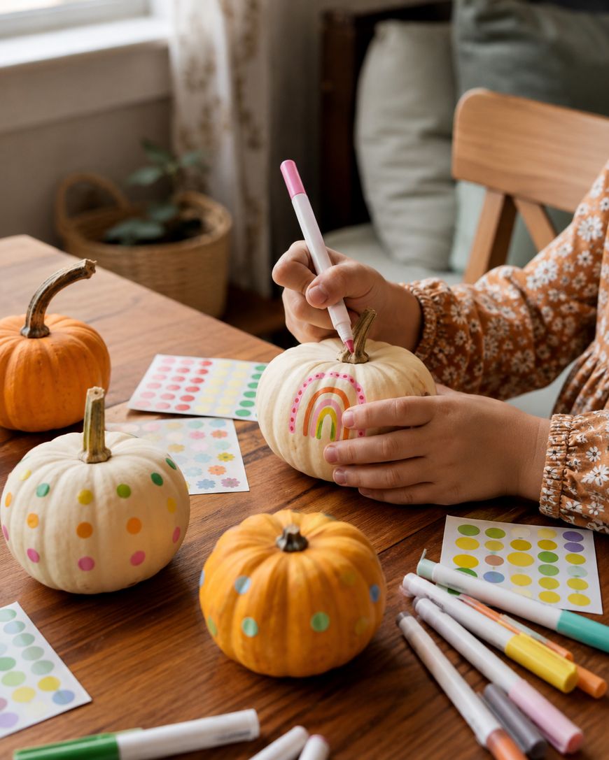 A child decorates small pumpkins with colorful markers and stickers at a wooden table, surrounded by more pumpkins, sticker sheets, and markers.