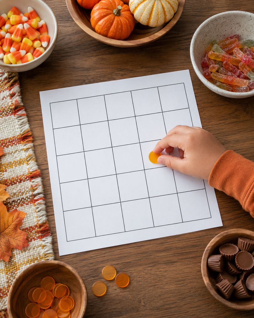 A childs hand places an orange token on a blank grid paper. Bowls of candy and tokens sit on a wooden table, decorated with a fall-themed cloth and small pumpkins.