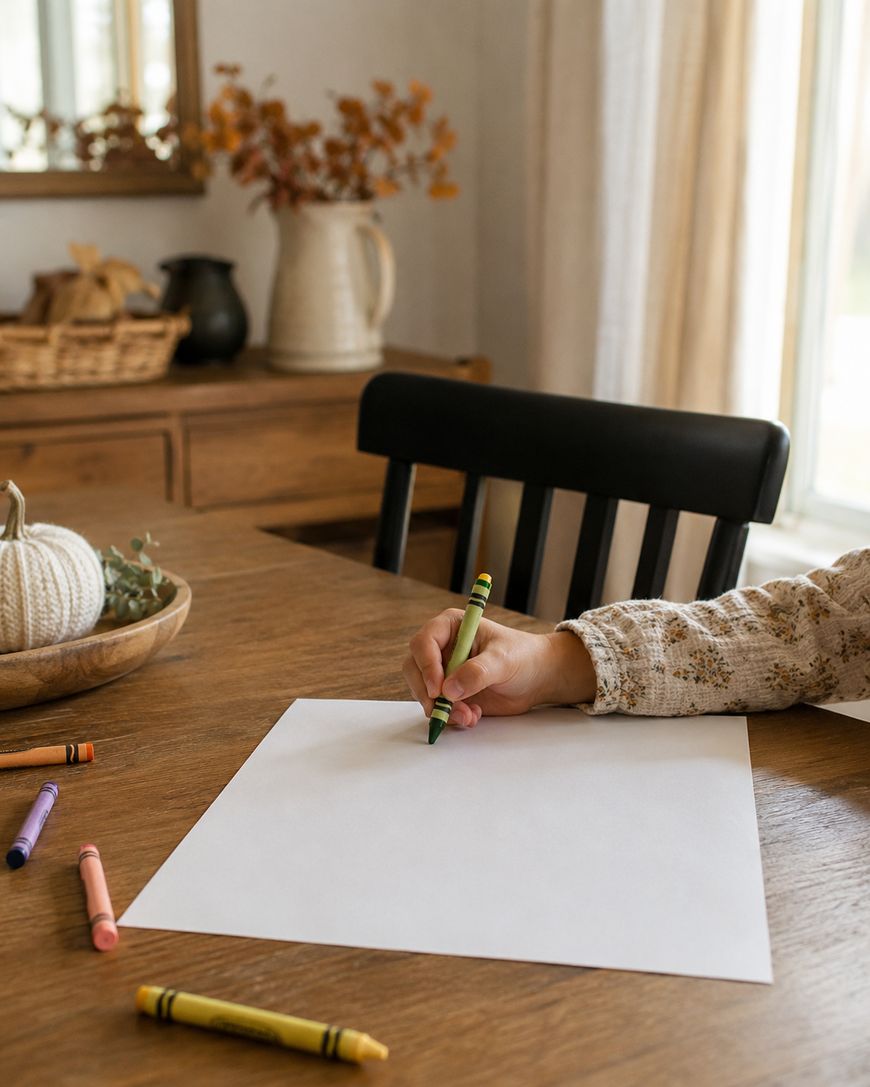 A childs hand holds a green crayon above a blank sheet of paper on a wooden table with crayons scattered around. A cozy, decorated room is in the background.