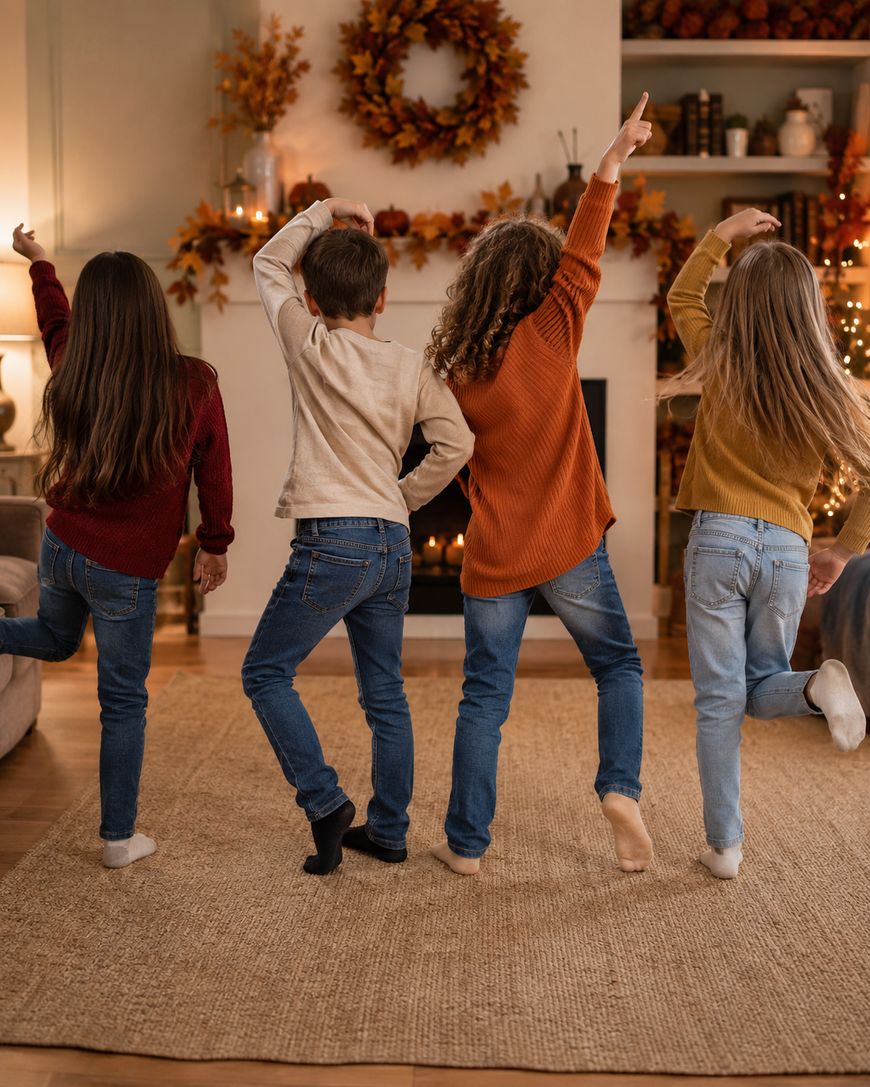 Four children stand on a rug indoors, facing away, raising one arm and one leg each as they pose. Autumn decor and a lit Christmas tree are visible in the background.