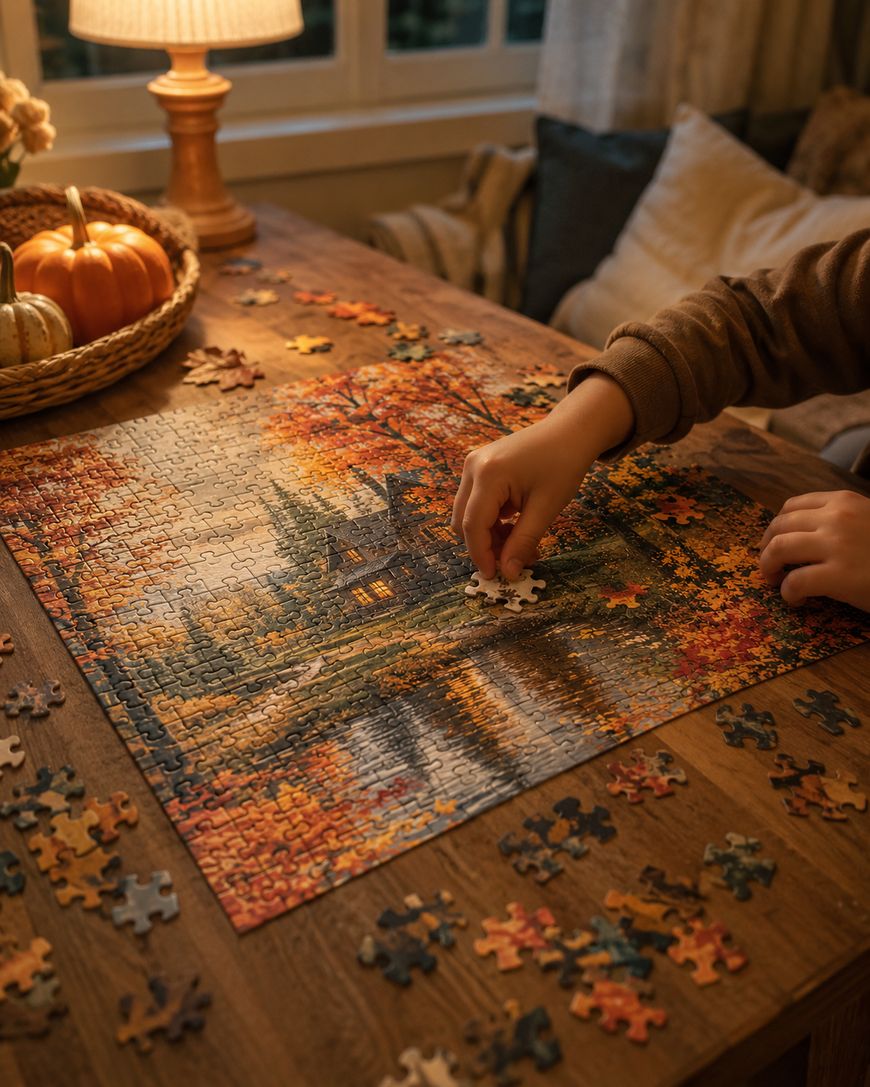 A person is assembling a cozy autumn-themed jigsaw puzzle on a wooden table, surrounded by loose puzzle pieces, a lamp, and a basket of small pumpkins.