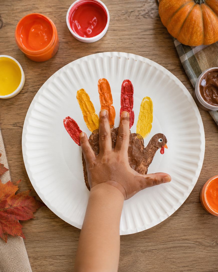 A childs hand is pressing on a painted handprint turkey on a white paper plate, surrounded by paint jars, a mini pumpkin, and a cloth napkin on a wooden table.