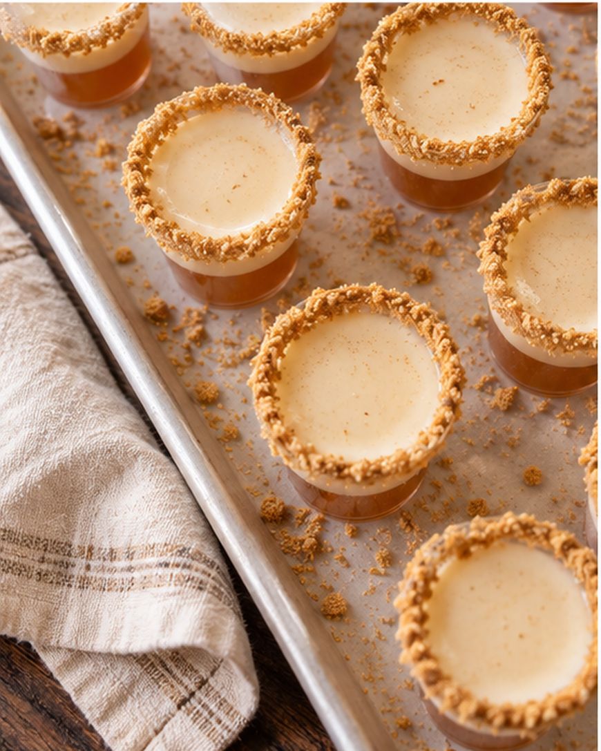 Mini cheesecakes with graham cracker crusts line a baking sheet. Crumbs are scattered around them, and a folded tan-striped cloth lies nearby on a rustic wooden surface.
