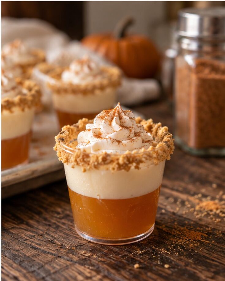A dessert cup with orange and cream layers, topped with whipped cream and cinnamon, rimmed with crushed cookie crumbs. A pumpkin and a jar of brown sugar are in the background on a rustic wooden table.