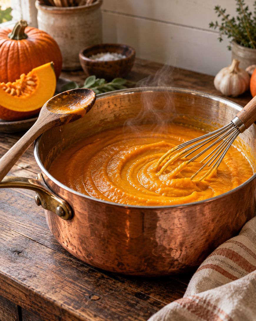 A copper pot of creamy pumpkin soup is being whisked on a wooden table with a wooden spoon, a sliced pumpkin, herbs, and garlic in the background.