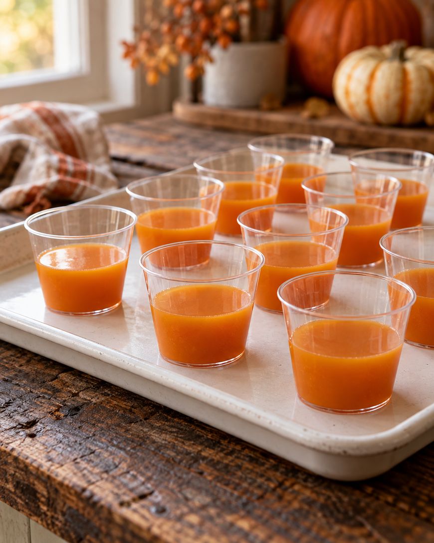 Twelve clear plastic cups filled with orange pumpkin soup sit on a white tray atop a rustic wooden table, with pumpkins and autumn decor in the background.