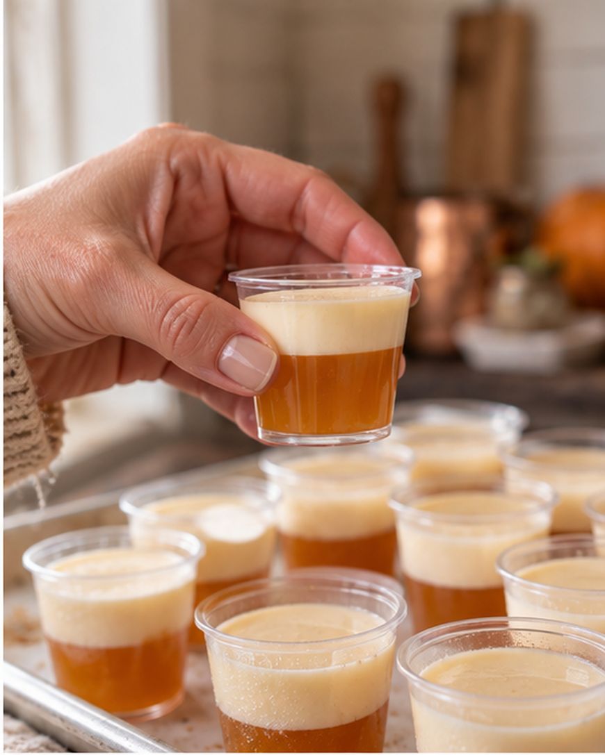 A hand holding a small plastic cup with layered orange and cream-colored liquid, above a tray with more similar cups.
