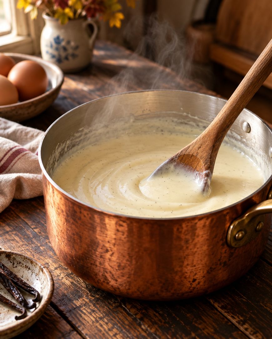 A copper pot of thick, creamy custard being stirred with a wooden spoon on a rustic wooden table, with eggs, a striped towel, and a small plate nearby.