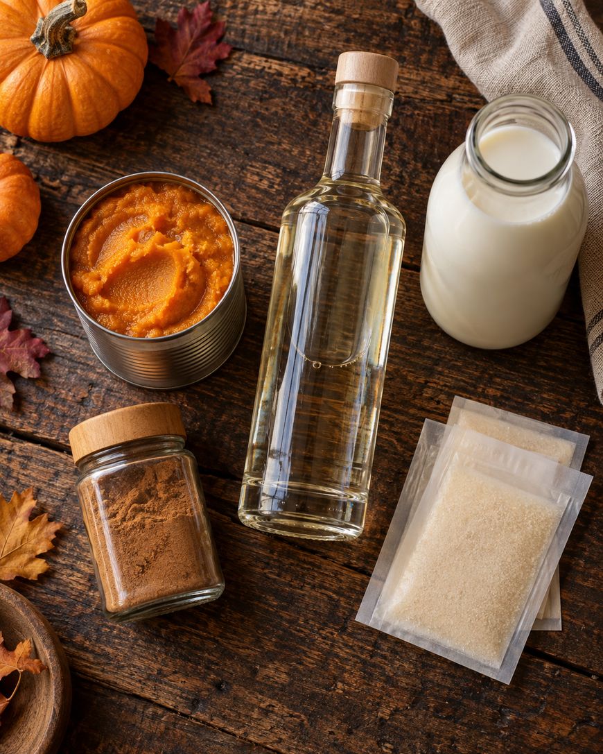 Pumpkin puree, a glass bottle of liquid, a jar of brown spice, a bottle of milk, and two packets of powder are arranged on a rustic wooden surface, surrounded by small pumpkins and autumn leaves.