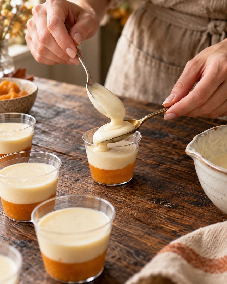 A person spoons creamy pudding over an orange fruit layer in small clear cups, set on a rustic wooden table with a cloth and bowl nearby.