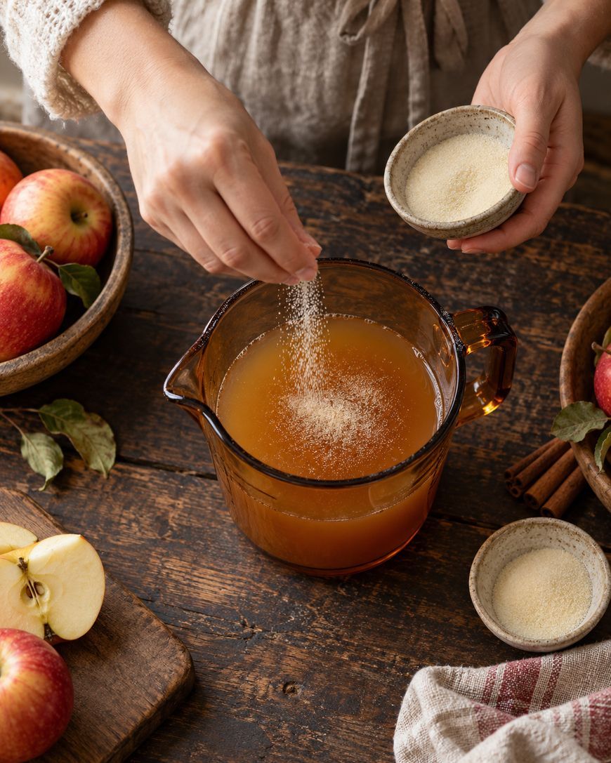 A person sprinkles a powder into a pitcher of apple cider on a rustic wooden table, surrounded by apples, cinnamon sticks, and small bowls of ingredients.