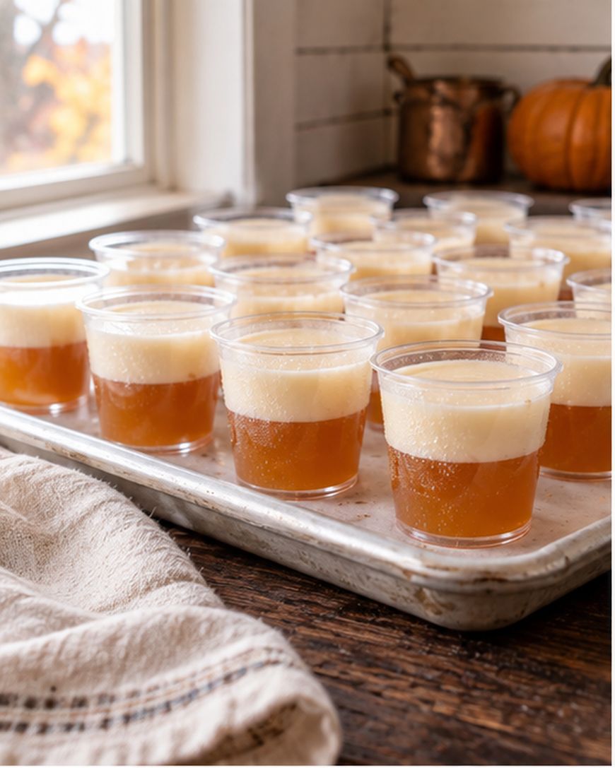 A tray of clear plastic cups filled with layered orange and cream-colored gelatin sits on a wooden table by a window, with a pumpkin and copper pot in the background.