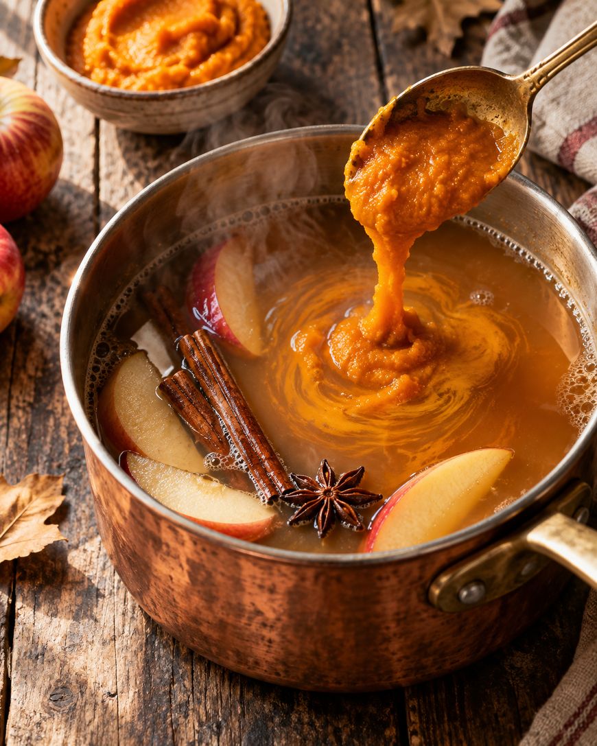 A pot of simmering apple cider with apple slices, cinnamon sticks, star anise, and pumpkin puree on a wooden table. A spoon lifts pumpkin puree into the pot. Apples and a bowl of puree are nearby.
