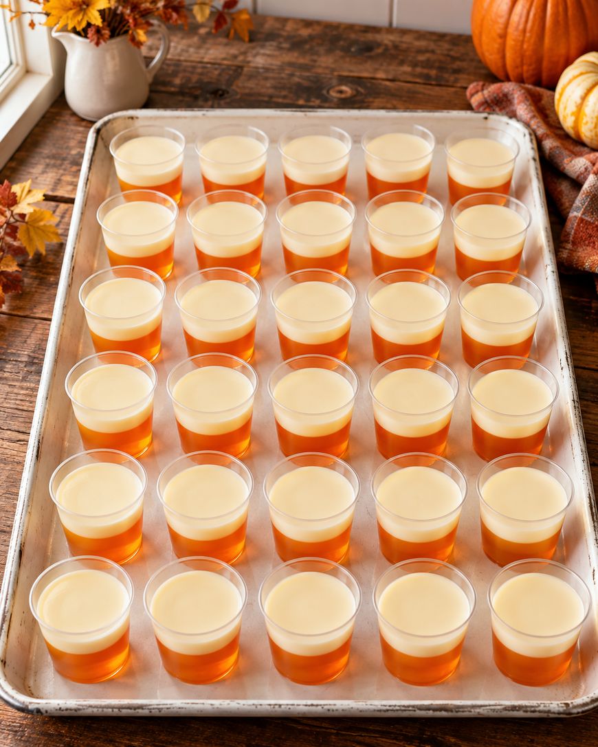 A tray of 24 clear plastic cups filled with layered orange and cream gelatin sits on a rustic wooden table, surrounded by autumn decorations and pumpkins.