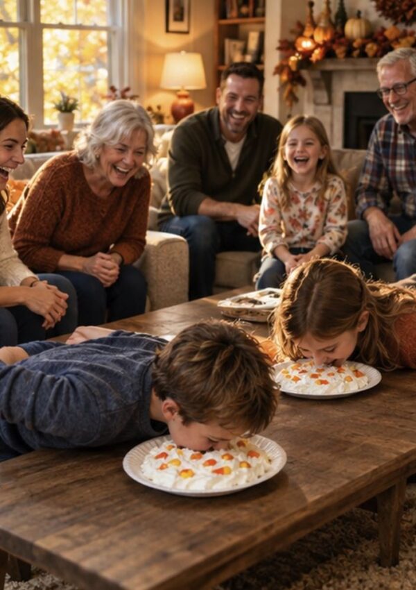 Two children compete in a pie-eating contest at a wooden table while four adults and one child laugh and watch in a cozy, autumn-themed living room.