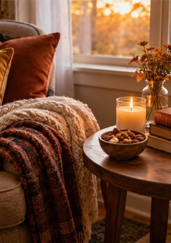 A cozy living room corner with a knit blanket and pillows on an armchair, a wooden table holding a lit candle, a bowl of mixed nuts, stacked books, and a vase of autumn flowers. Warm sunlight streams through the window.