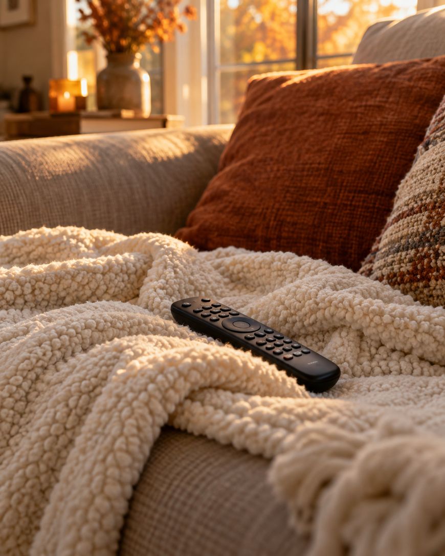 A remote control rests on a textured cream blanket draped over a beige couch with rust-colored pillows. Warm sunlight streams through a window, creating a cozy autumn atmosphere.