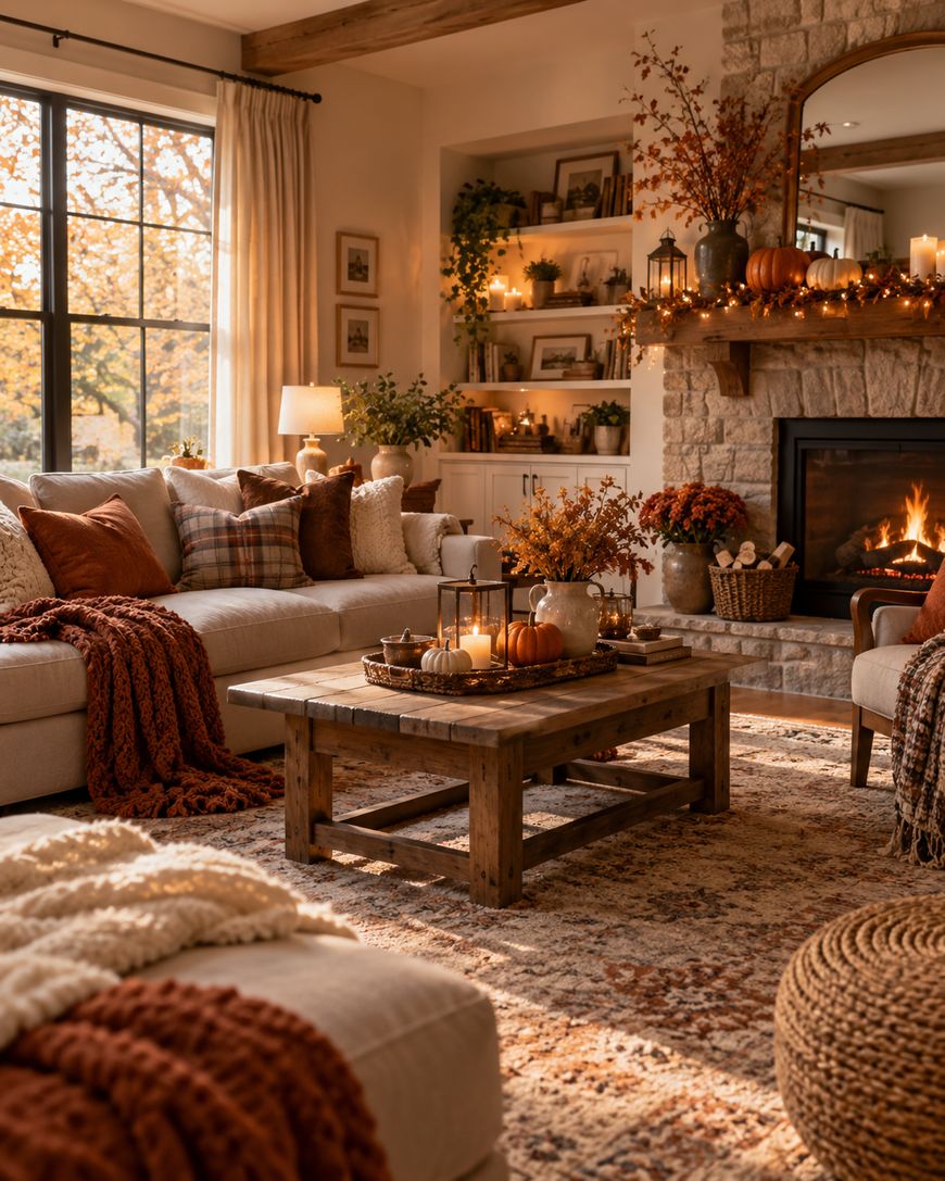 Cozy living room with autumn decor, a lit fireplace, candles, textured blankets, and pillows. Warm tones, rustic wooden coffee table, and large windows showing fall foliage outside.
