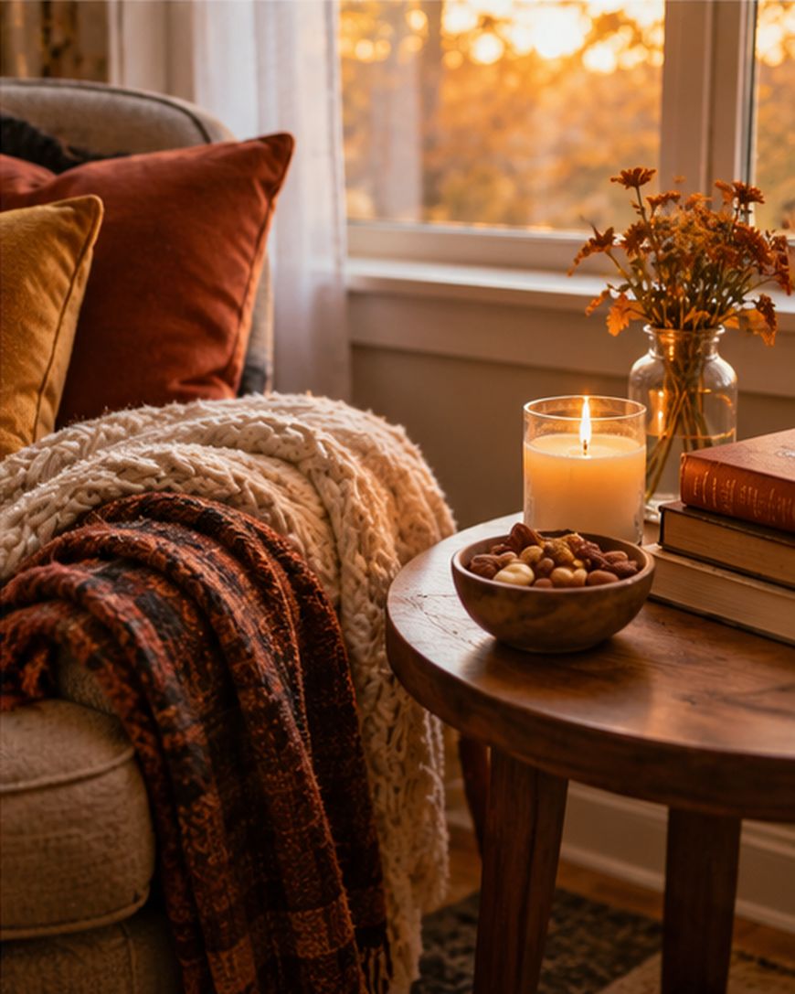 A cozy living room scene with a knit blanket and pillows on a chair, a candle, a bowl of nuts, and stacked books on a wooden side table. Warm sunlight shines through the window, enhancing the autumn atmosphere.