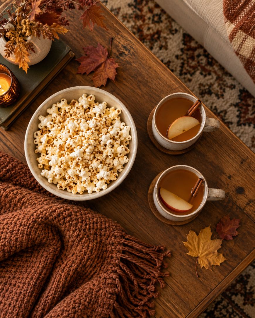 A cozy autumn scene with a bowl of popcorn, two mugs of apple cider with cinnamon sticks and apple slices, a brown knit blanket, and fall leaves on a wooden table.