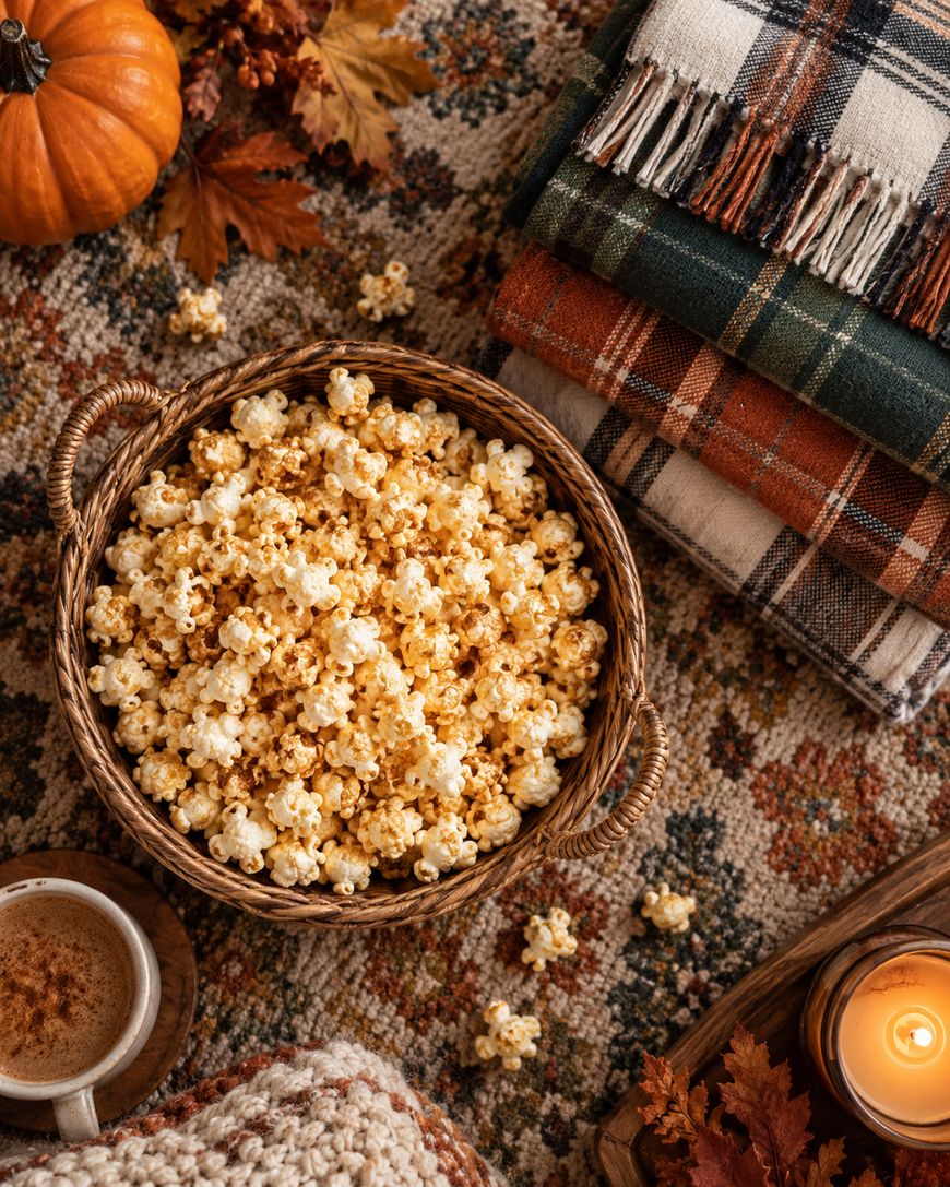 A wicker basket of popcorn sits on a patterned rug with a pumpkin, plaid blankets, a cup of coffee, a candle, and autumn leaves arranged nearby, creating a cozy fall atmosphere.