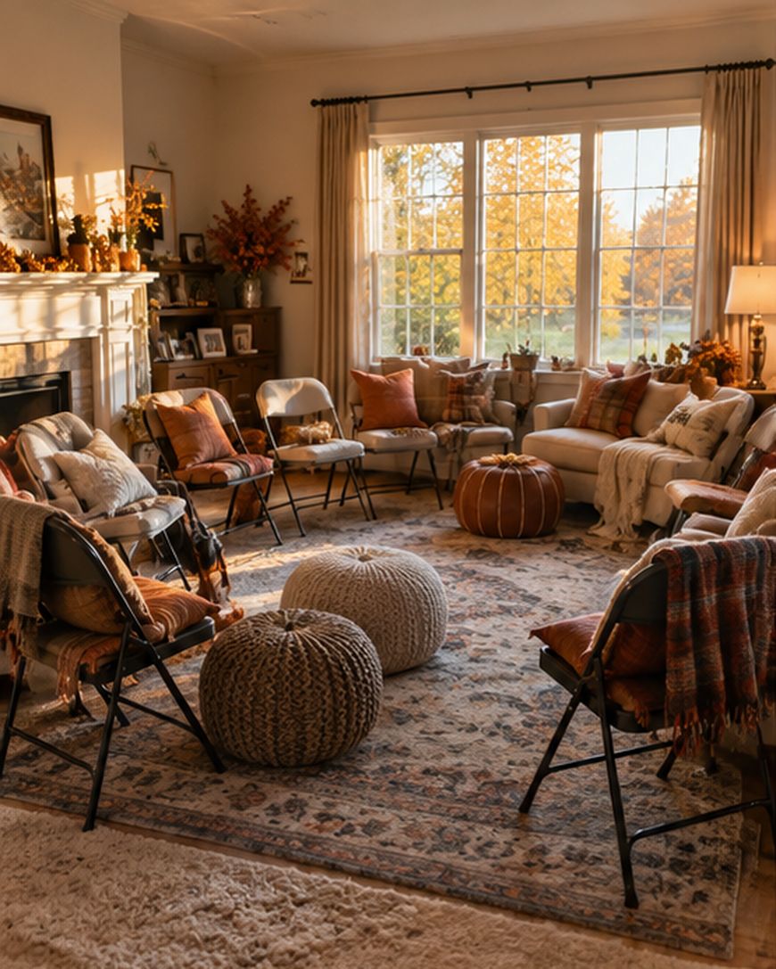 A cozy living room with fall decor, folding chairs in a circle, poufs in the center, and sunlight streaming through large windows onto a rug and soft furnishings.