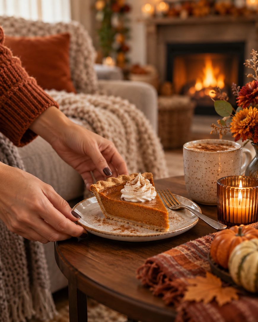 A person sets a plate with a slice of pumpkin pie and whipped cream on a table with a mug, candle, and fall decor. Cozy room with a blanket and fireplace in the background.