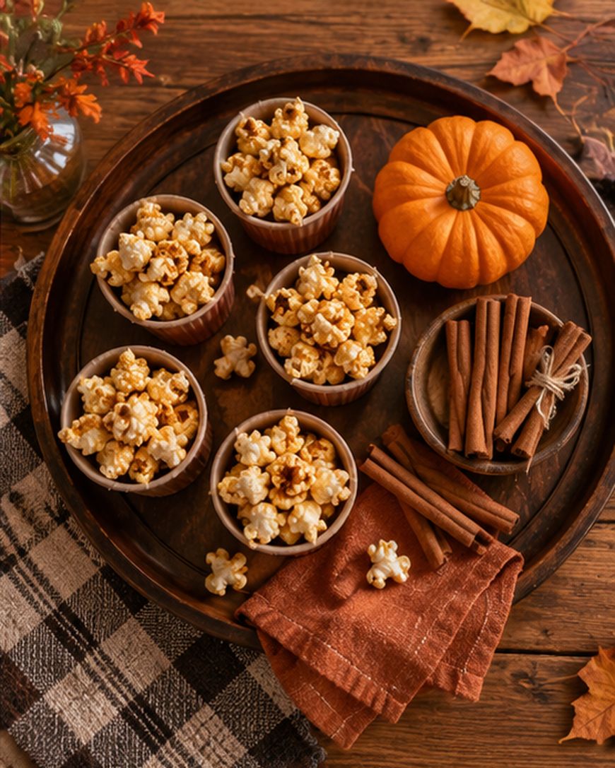 A wooden tray with caramel popcorn in cups, a small pumpkin, cinnamon sticks, and fall-themed linens on a rustic wooden table with autumn leaves and a vase of flowers nearby.