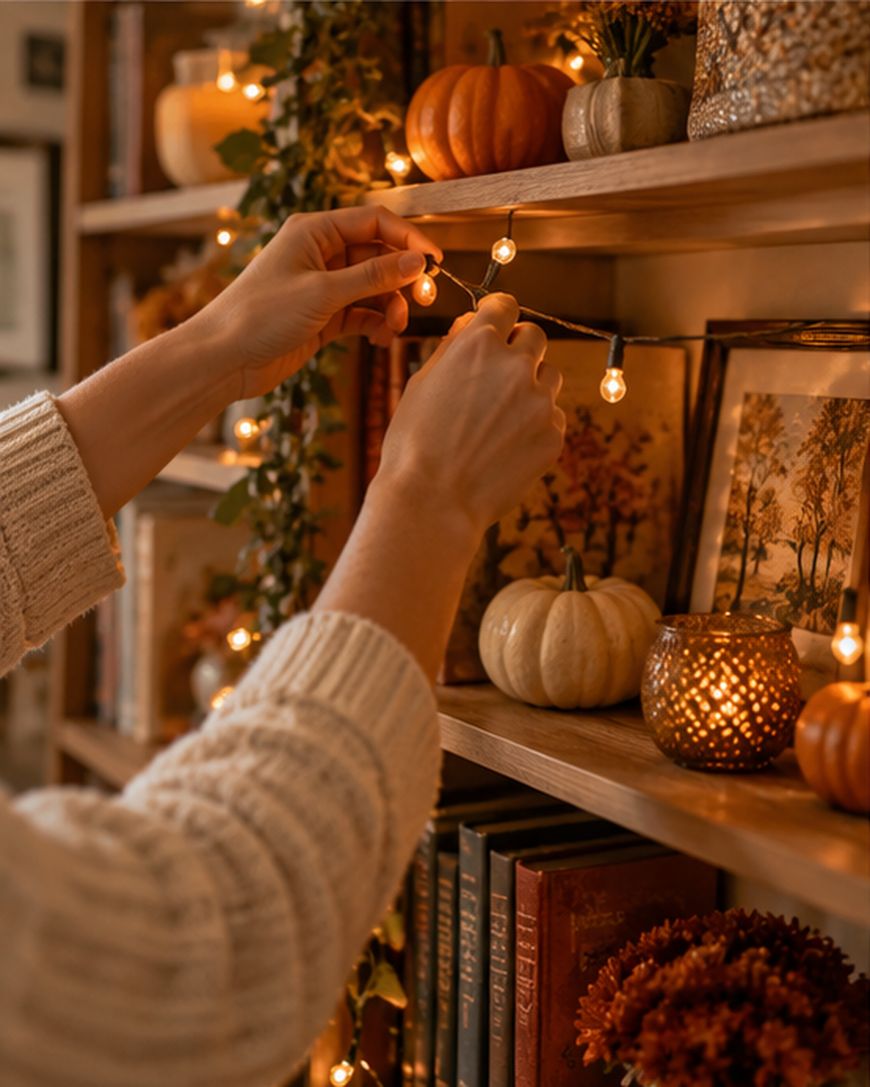 A person in a cream sweater hangs string lights on a cozy bookshelf decorated with pumpkins, candles, books, and autumn-themed decor. Warm lighting creates a festive, autumnal atmosphere.