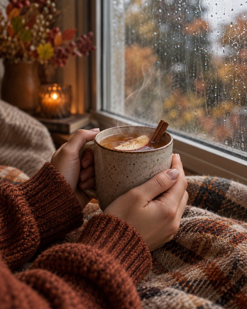 A person in a cozy sweater holds a mug of steaming drink by a rain-speckled window, with a blanket and autumn leaves in the background.
