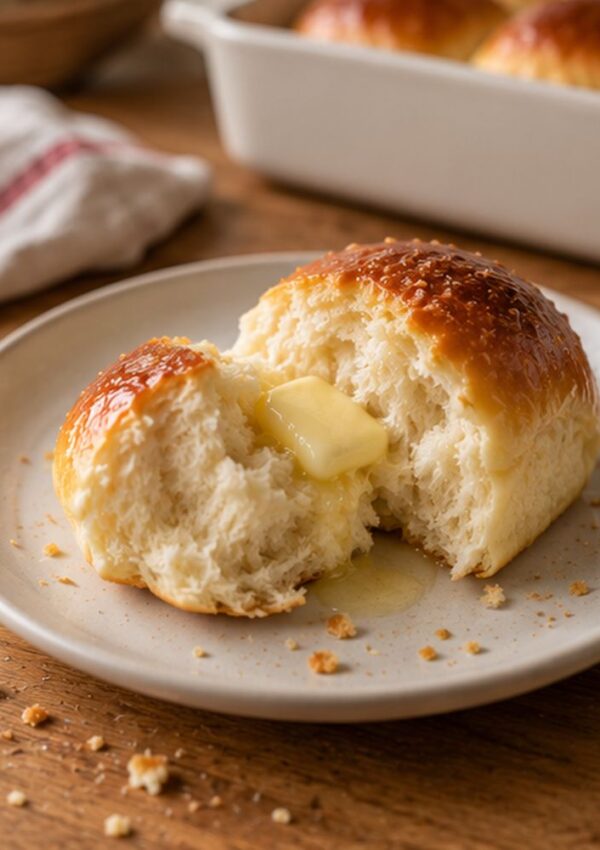 A soft, golden dinner roll split open on a plate with a pat of melting butter inside. Crumbs are scattered around, and more rolls are visible in the background.