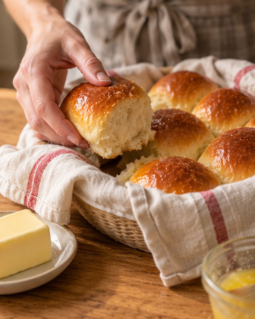 A hand lifts a soft, golden dinner roll from a basket lined with a striped cloth. A plate with a block of butter and a small bowl are nearby on a wooden table.