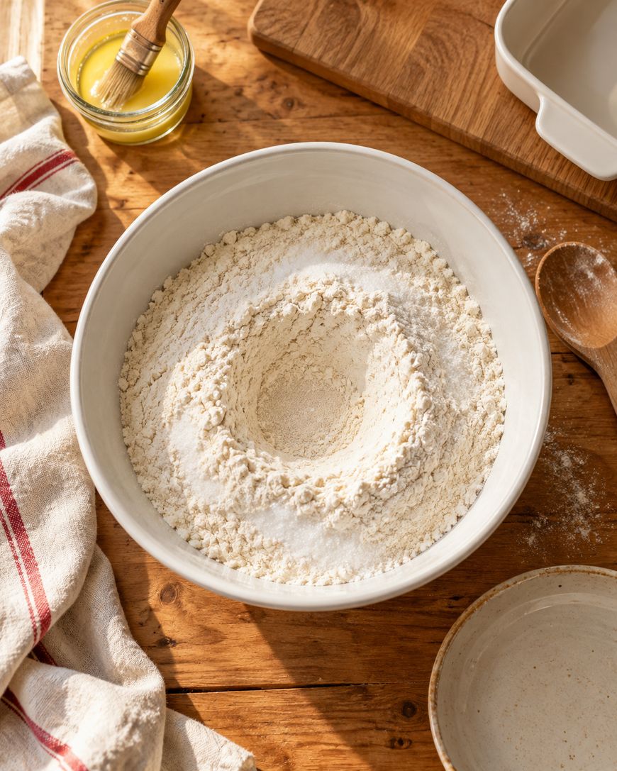 A large white bowl of flour with a well in the center sits on a wooden table near a small jar of melted butter, a wooden spoon, a napkin, and a baking dish. Sunlight streams onto the scene.